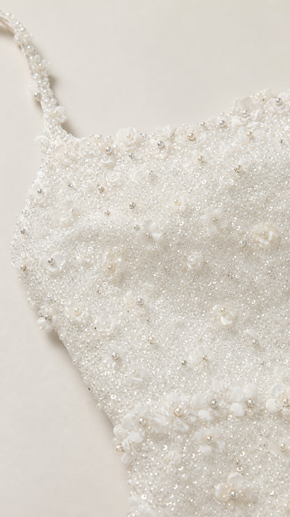 Close-up of intricate bead and pearl texture