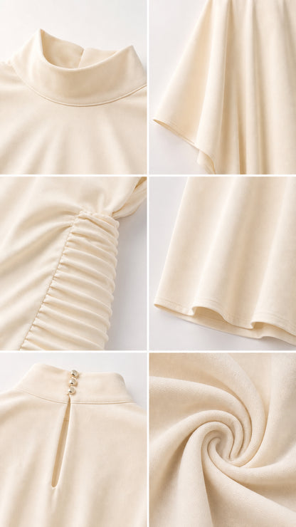 Close-up details of cream fabric, buttons, and smocked waistband