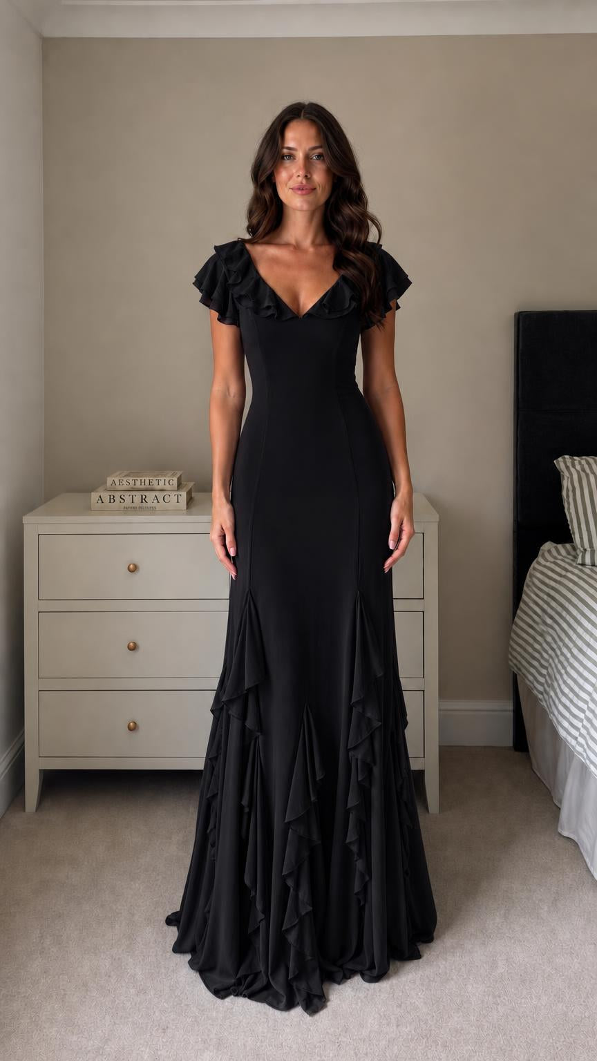 Front view of model wearing Black formal evening gown