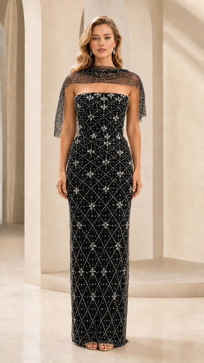Front view of black beaded strapless evening gown
