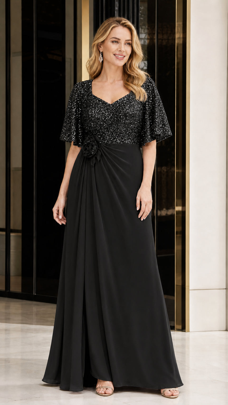 Front view of black sequin evening gown