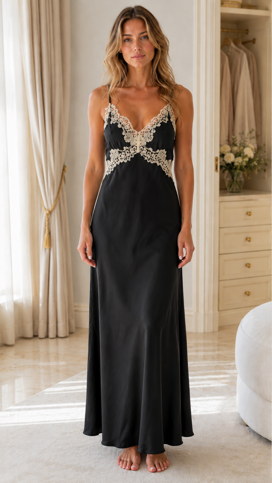 Model wearing black satin maxi slip dress with lace trim