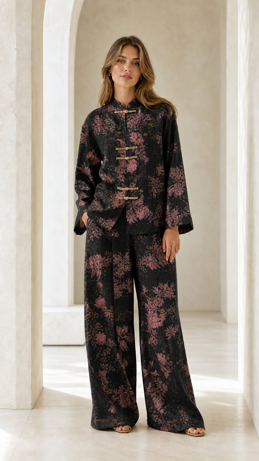 Front full view of woman wearing black floral two-piece set