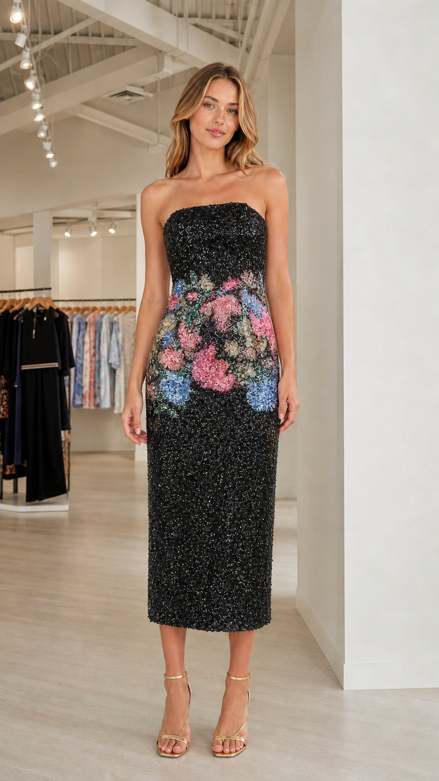Model wearing black floral sequin strapless midi dress