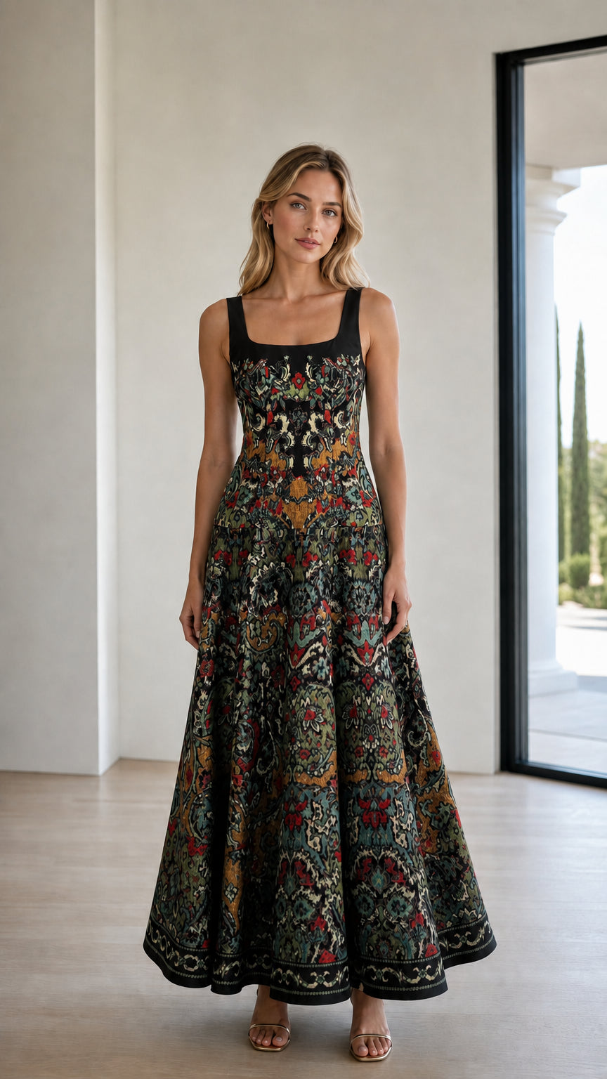 Front view of model in charcoal patterned maxi dress variant