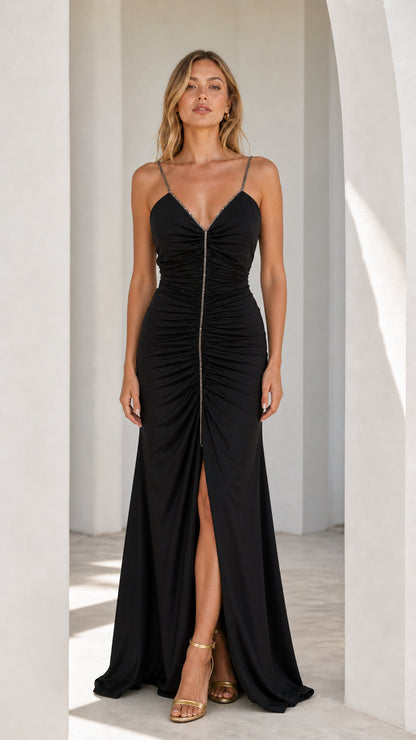 Black Ruched Rhinestone Strap Maxi Dress