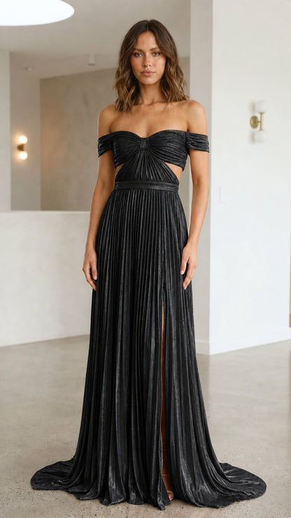 Front view of black metallic off-shoulder maxi dress