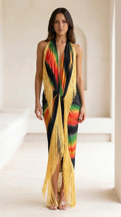 Model wearing black multi-color gradient fringe maxi dress