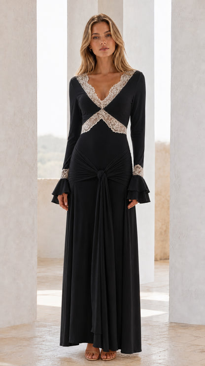 Front view of black lace-trimmed long sleeve maxi dress