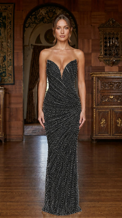 Front view of black color variant of the strapless evening gown