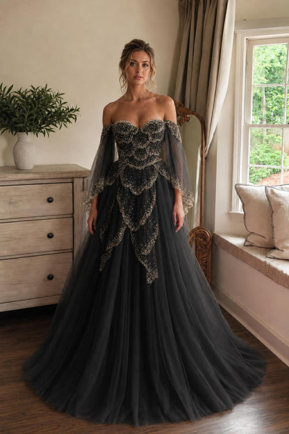 Black variant of the off-the-shoulder tulle ball gown