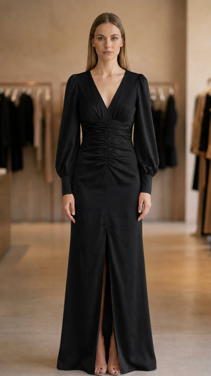 Model wearing black evening maxi dress