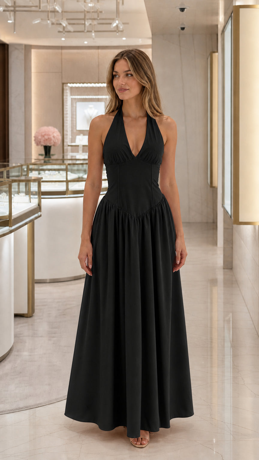 Front view of black halter neck maxi dress