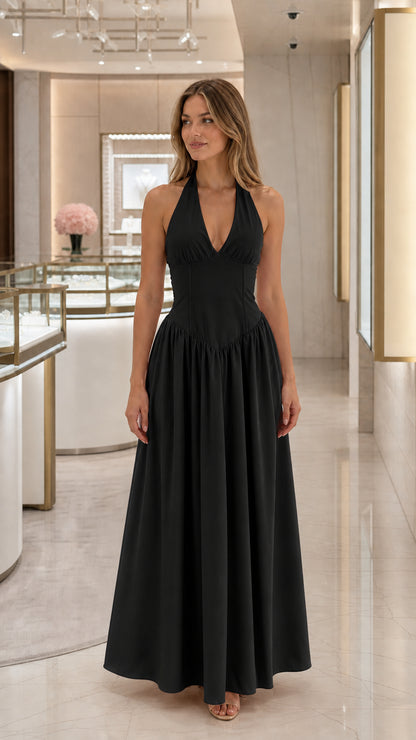 Front view of black halter neck maxi dress