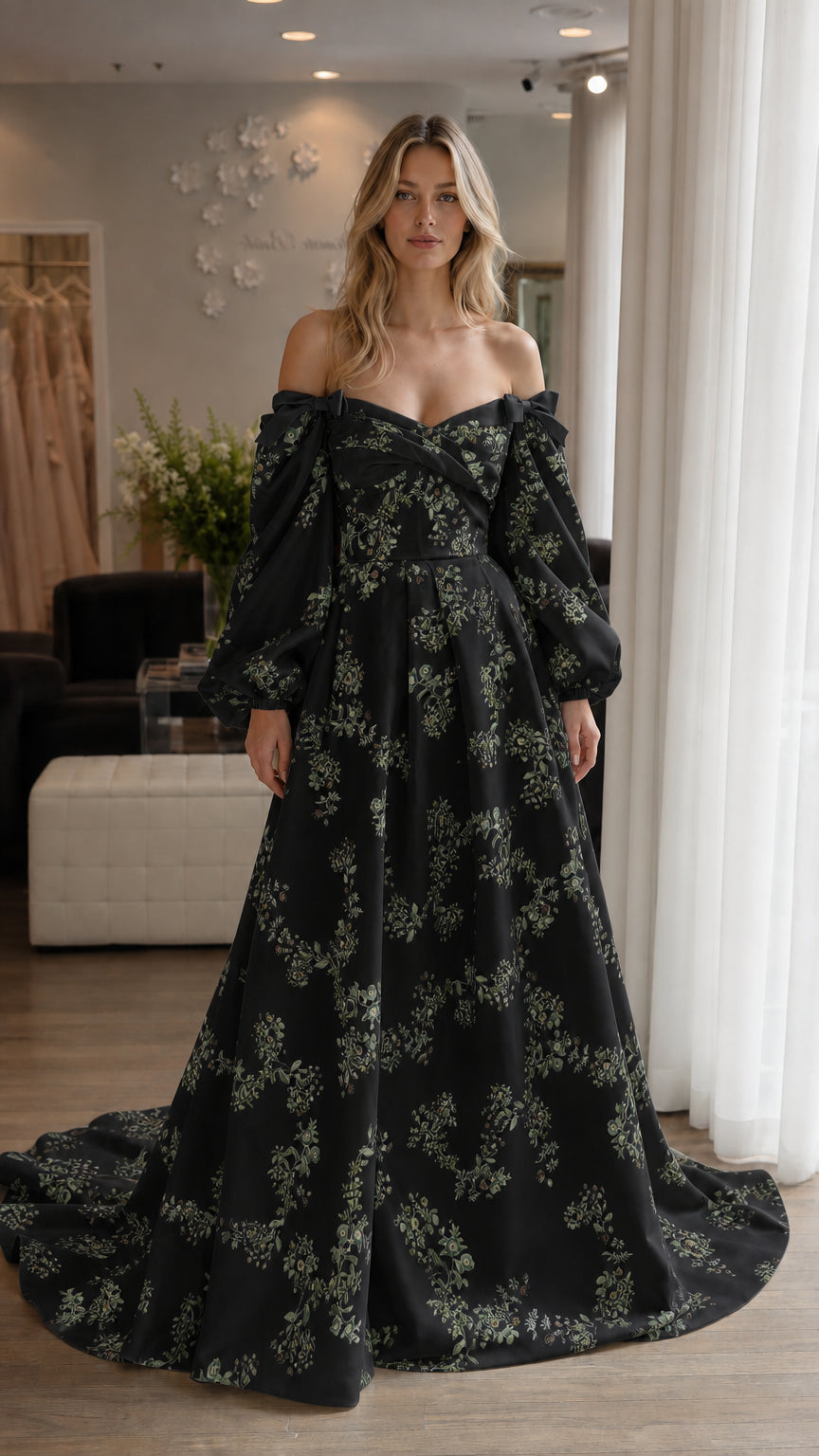 Woman wearing black floral off-shoulder maxi dress