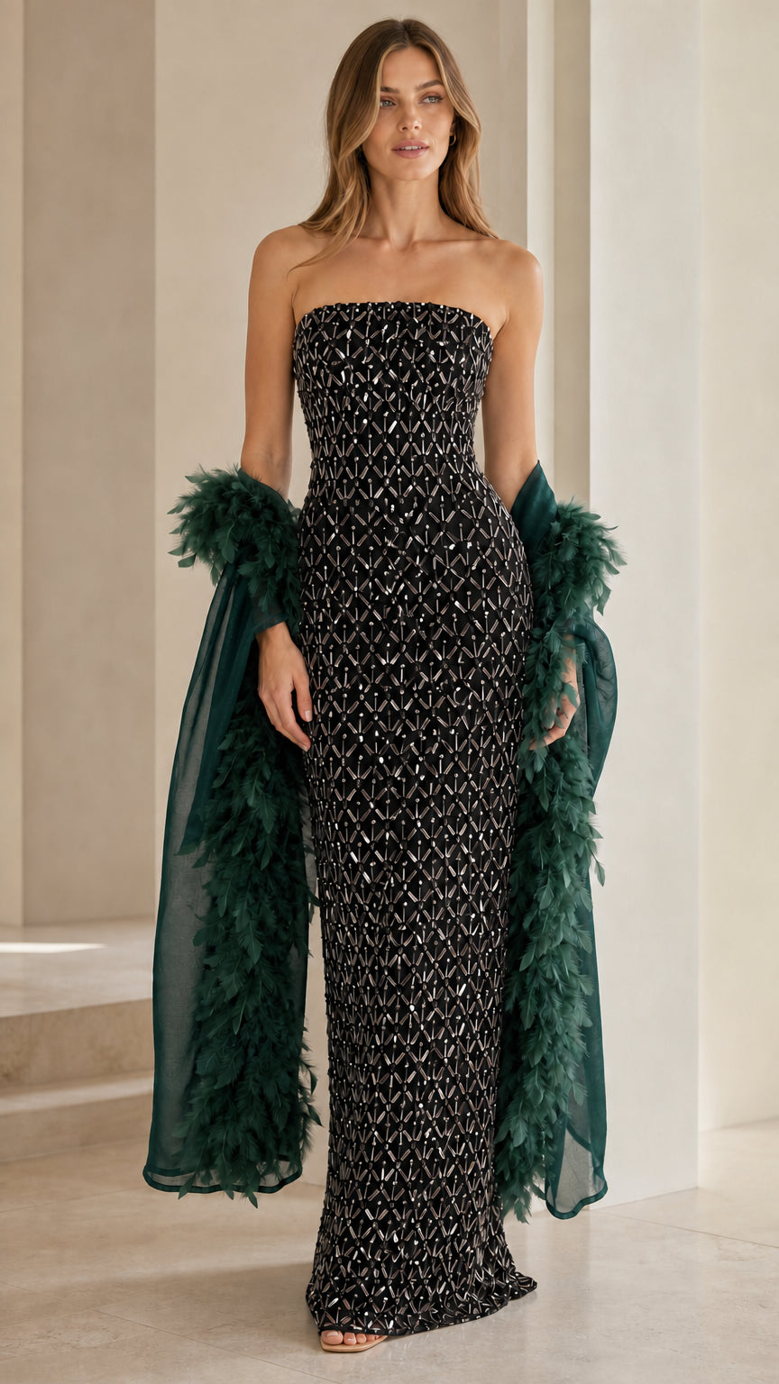 Black sequin strapless evening gown with wrap
