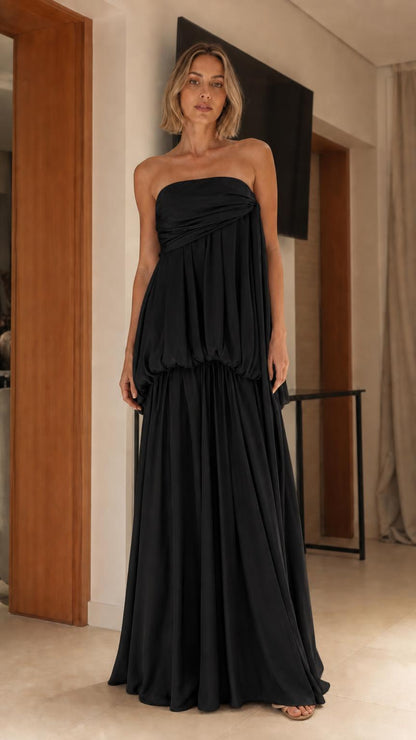 Elegance Strapless Draped Maxi Dress in black
