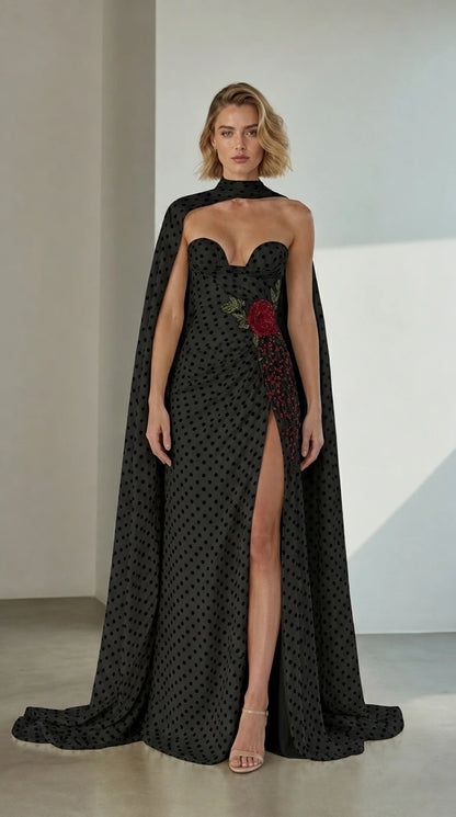Front view of Black Polka Dot Embellished Cape Evening Gown