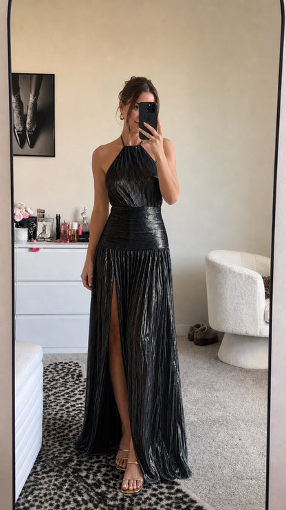 Metallic black halter pleated maxi dress with high slit