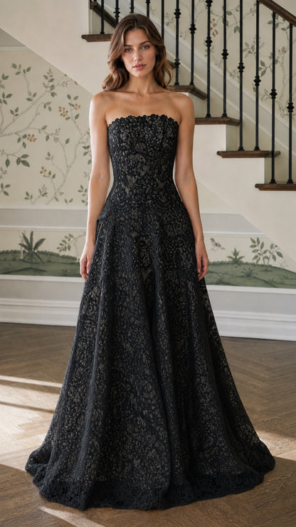 Front view of black strapless lace evening gown
