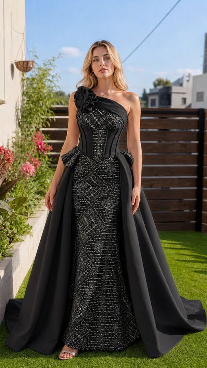Black color variant of one-shoulder corset evening gown