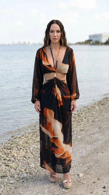 Front view of black abstract print cutout maxi dress