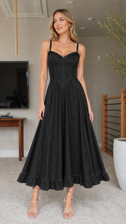 Women's Black Denim Midi Dress Front View