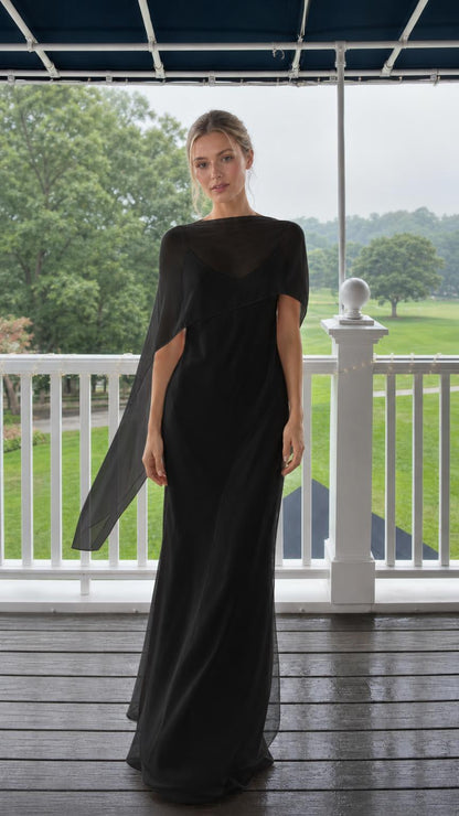 Elegance Flowing Cape Overlay Maxi Evening Dress in Black