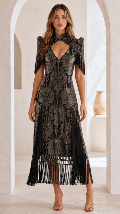 Elegance Fringe Embellished Damask Midi Dress in Black