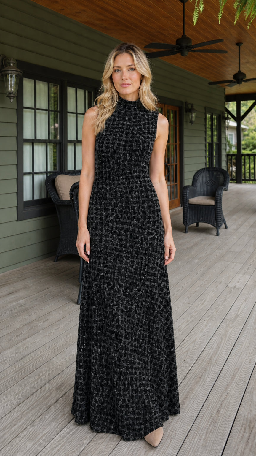 Front view of woman wearing black textured sleeveless maxi dress