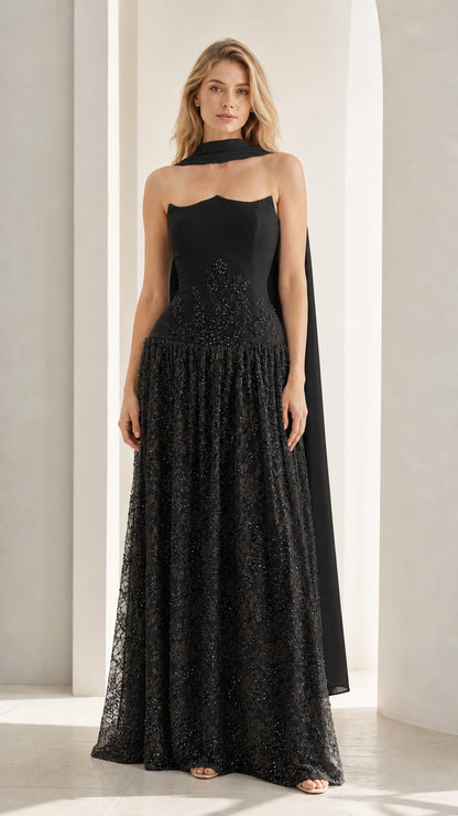 Front view of black evening gown variant