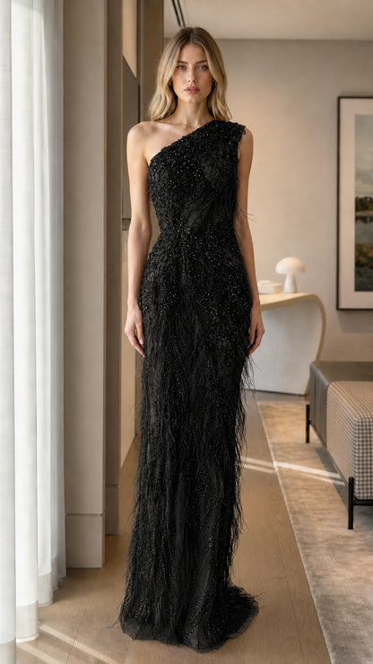 Black One-Shoulder Beaded Formal Evening Dress Front View
