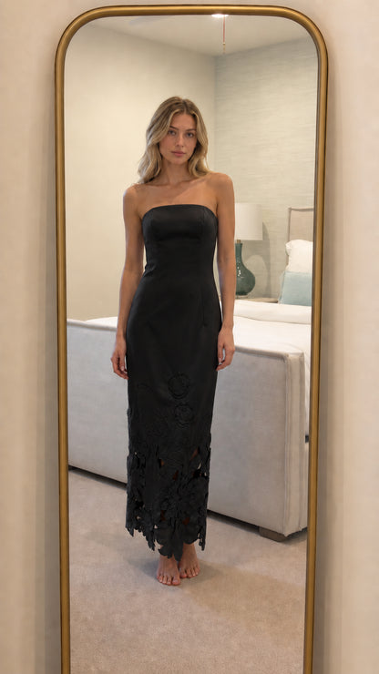 Black strapless floral laser-cut maxi dress