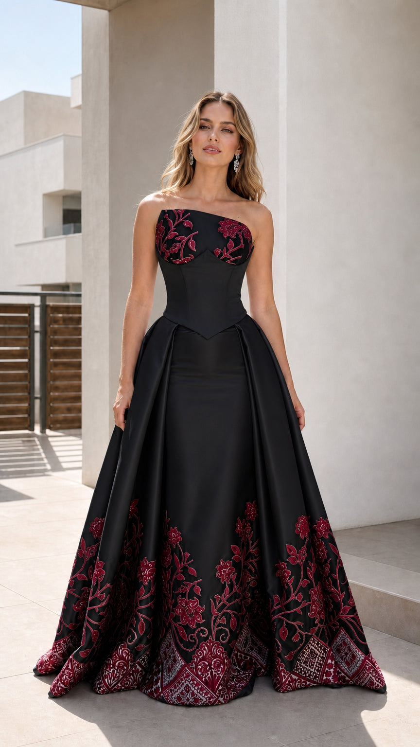 Black strapless floral border ball gown shown from the front