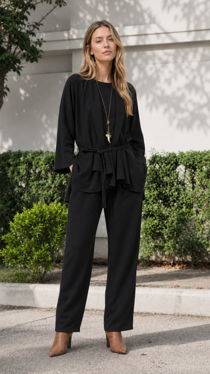 Woman wearing black two-piece tunic and pants set