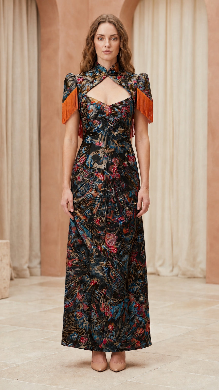 Front view of model wearing black floral brocade maxi dress