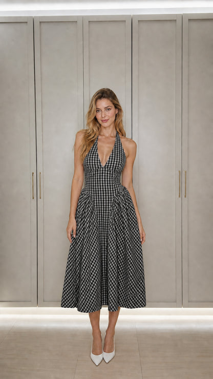 Front view of black gingham midi dress variant