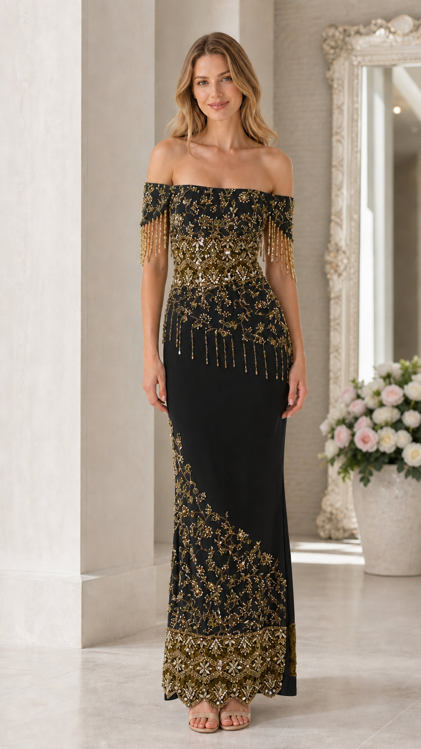 Black variant of off-shoulder beaded formal evening dress