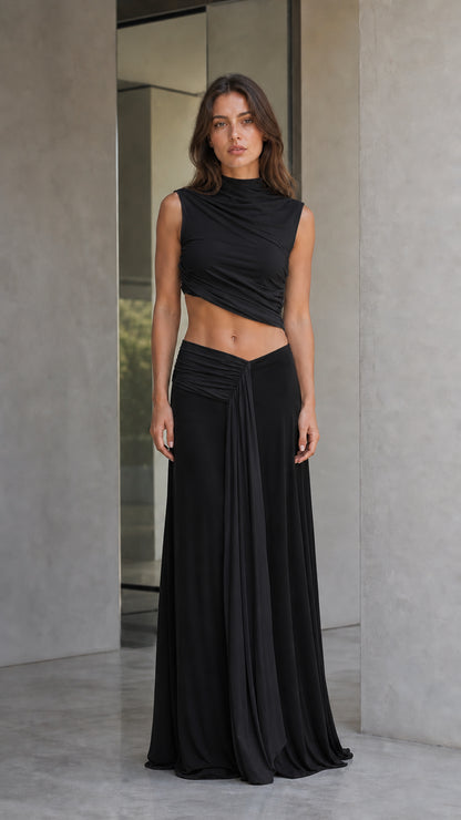 Front view of all-black two-piece maxi dress set