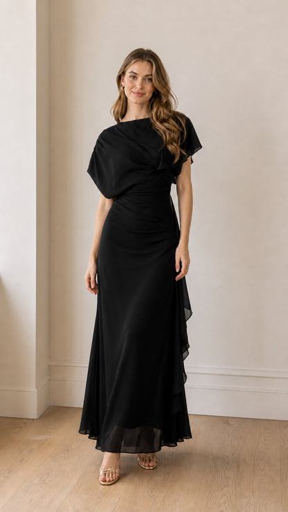 Front view of the black color variant of the maxi dress