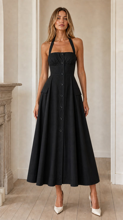 Front view of black halter midi dress variant