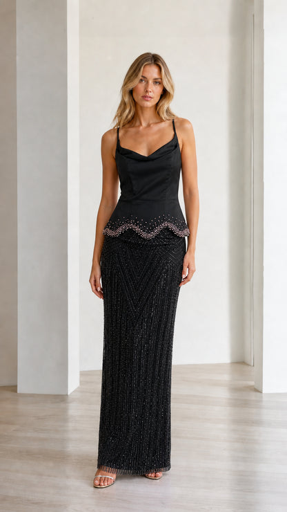 Elegance Beaded Cami Peplum Maxi Dress in Black front view