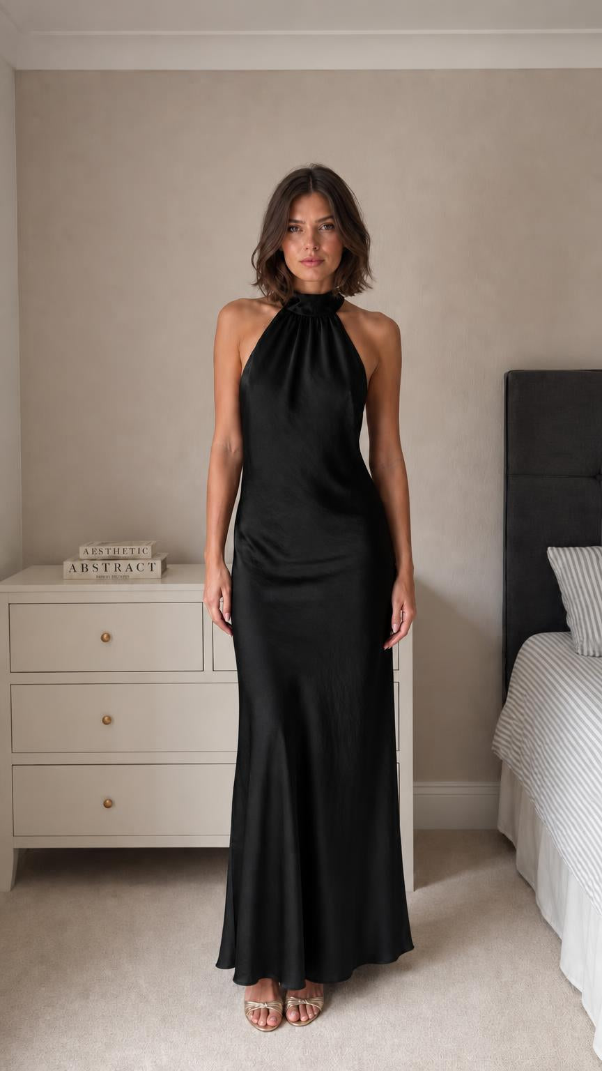 Model wearing black satin halter neck maxi dress