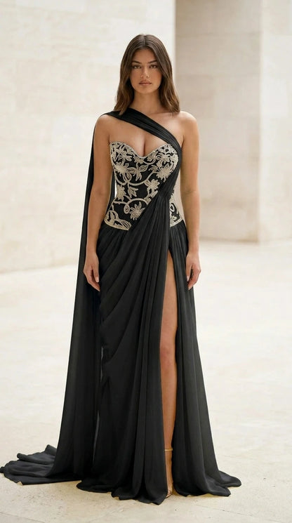 Front view of black evening gown with embroidered bodice