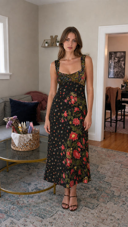 Front view of black floral patchwork midi dress on model
