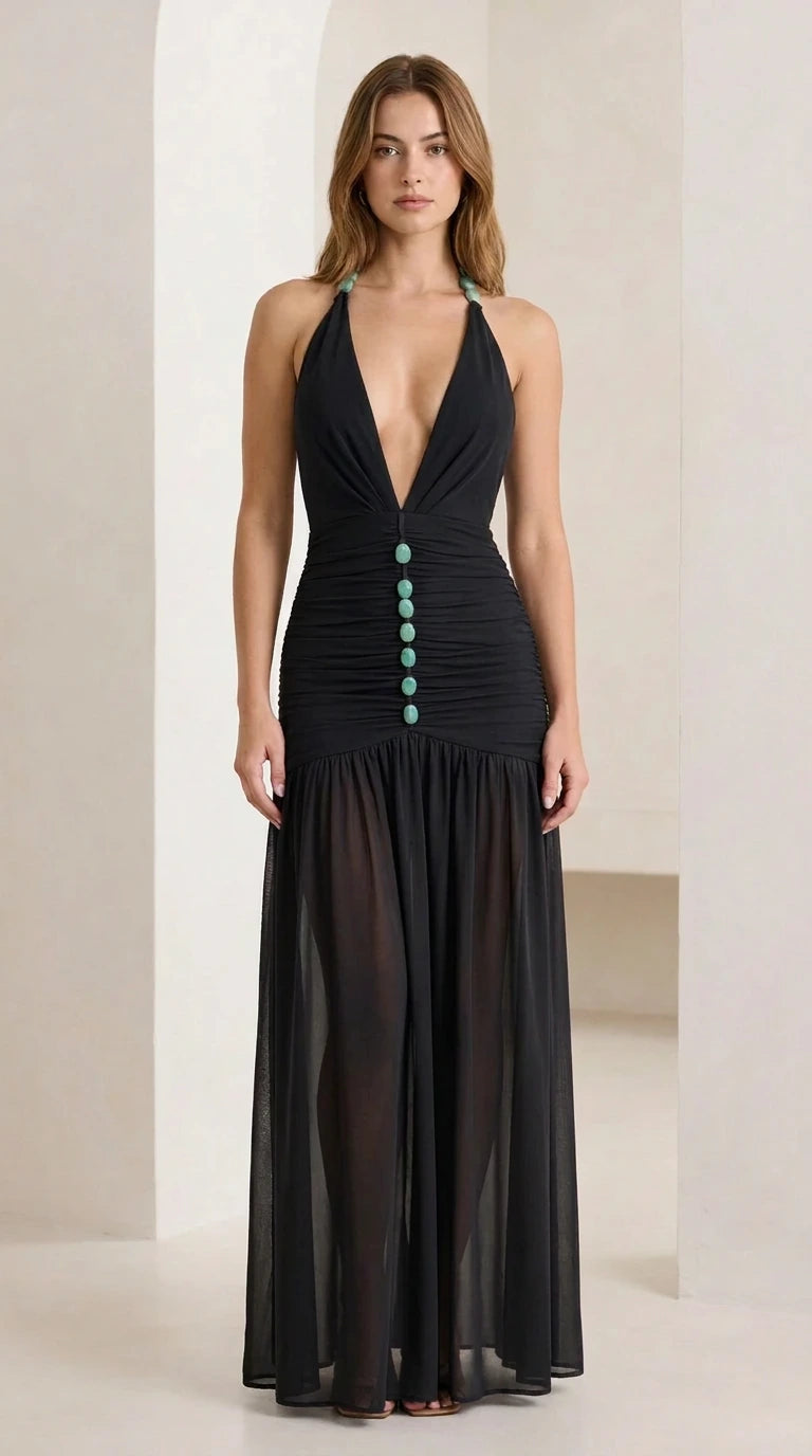 Front view of black halter neck ruched maxi dress