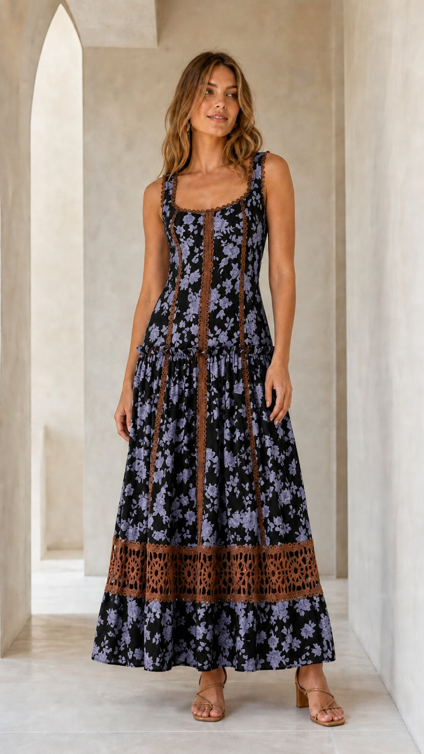 Front view of black floral maxi dress variant
