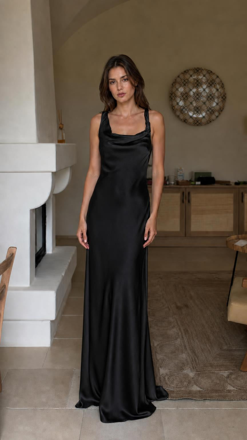 Front view of black satin cowl neck maxi dress