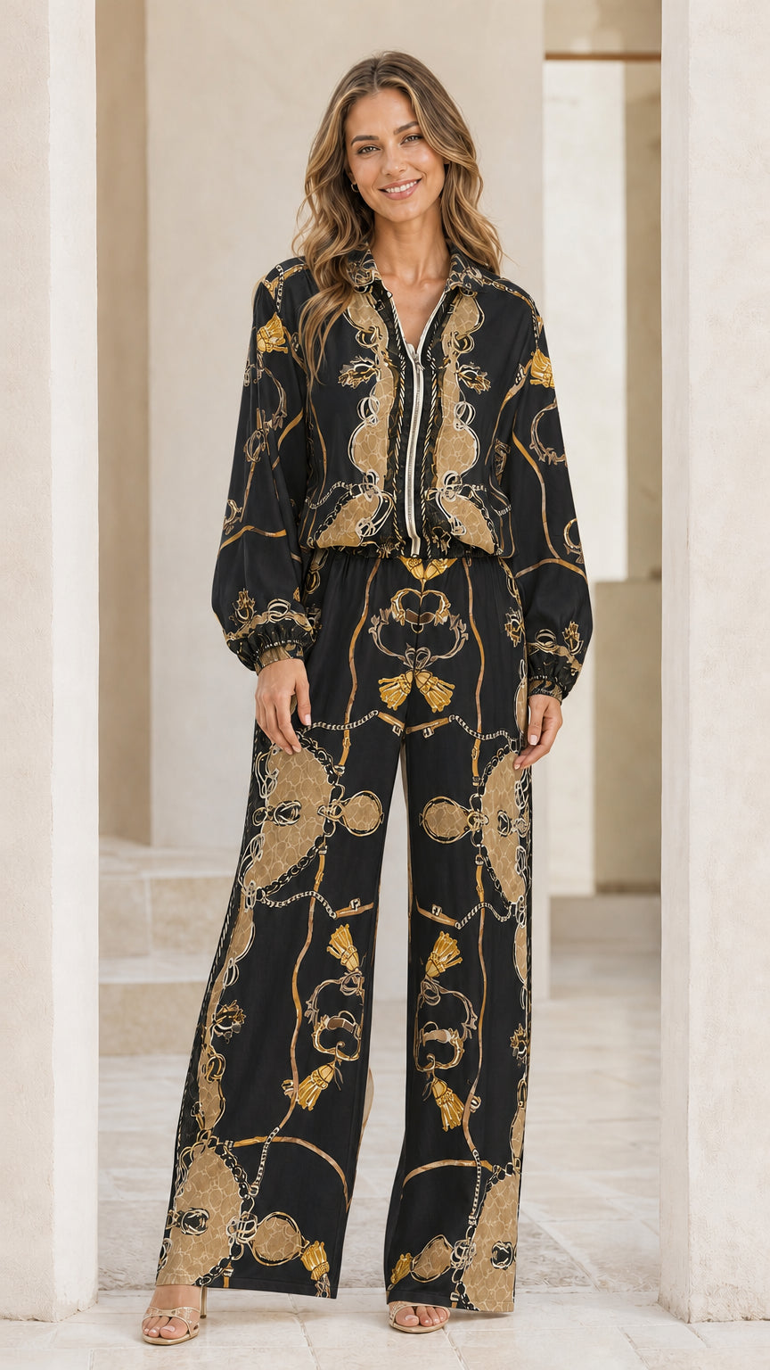 Model wearing black barocco print two-piece set