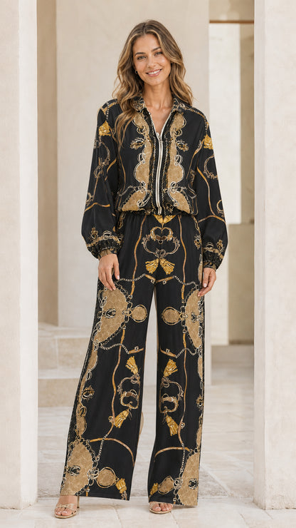 Model wearing black barocco print two-piece set